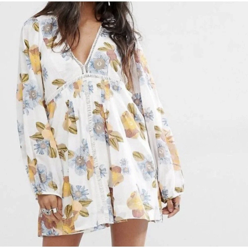 Free People Strawberry Fields Tunic Mini Dress Size xSmall Ivory boho festival - Picture 2 of 16